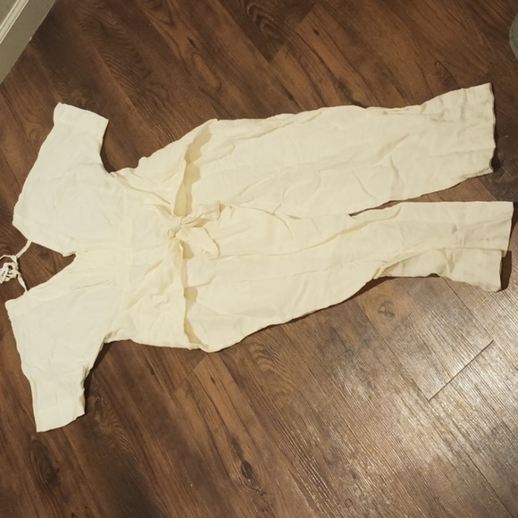 Free People Cream White VNeck Flowy Oversized Linen Mix Jumpsuit A38 - Picture 8 of 8